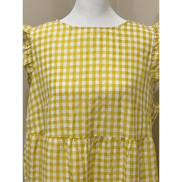 Kirundo dress Yellow White Gingham Check Tired Ruffle Fit Flare Large - Picture 2 of 3